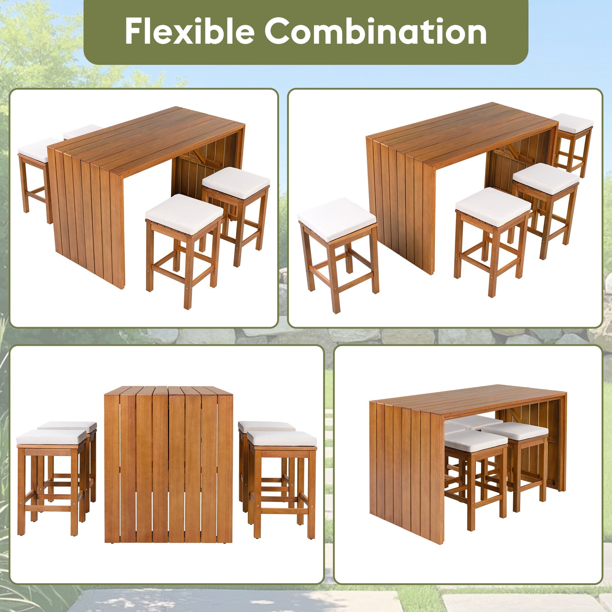 5 Piece Outdoor Bar Set with Acacia Wood Table & Cushioned Stools