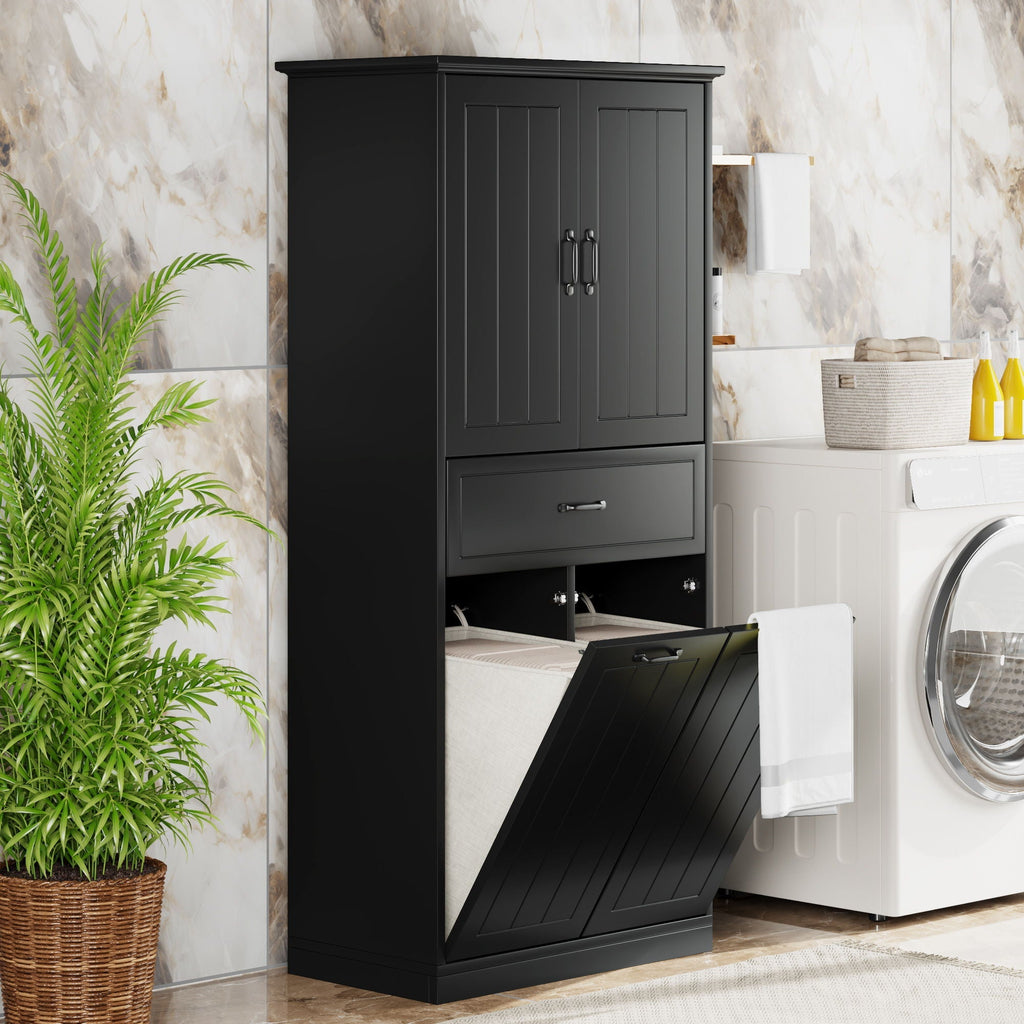 Modern Bathroom Storage Cabinet with Two Laundry Baskets, One Drawer, Adjustable Shelf