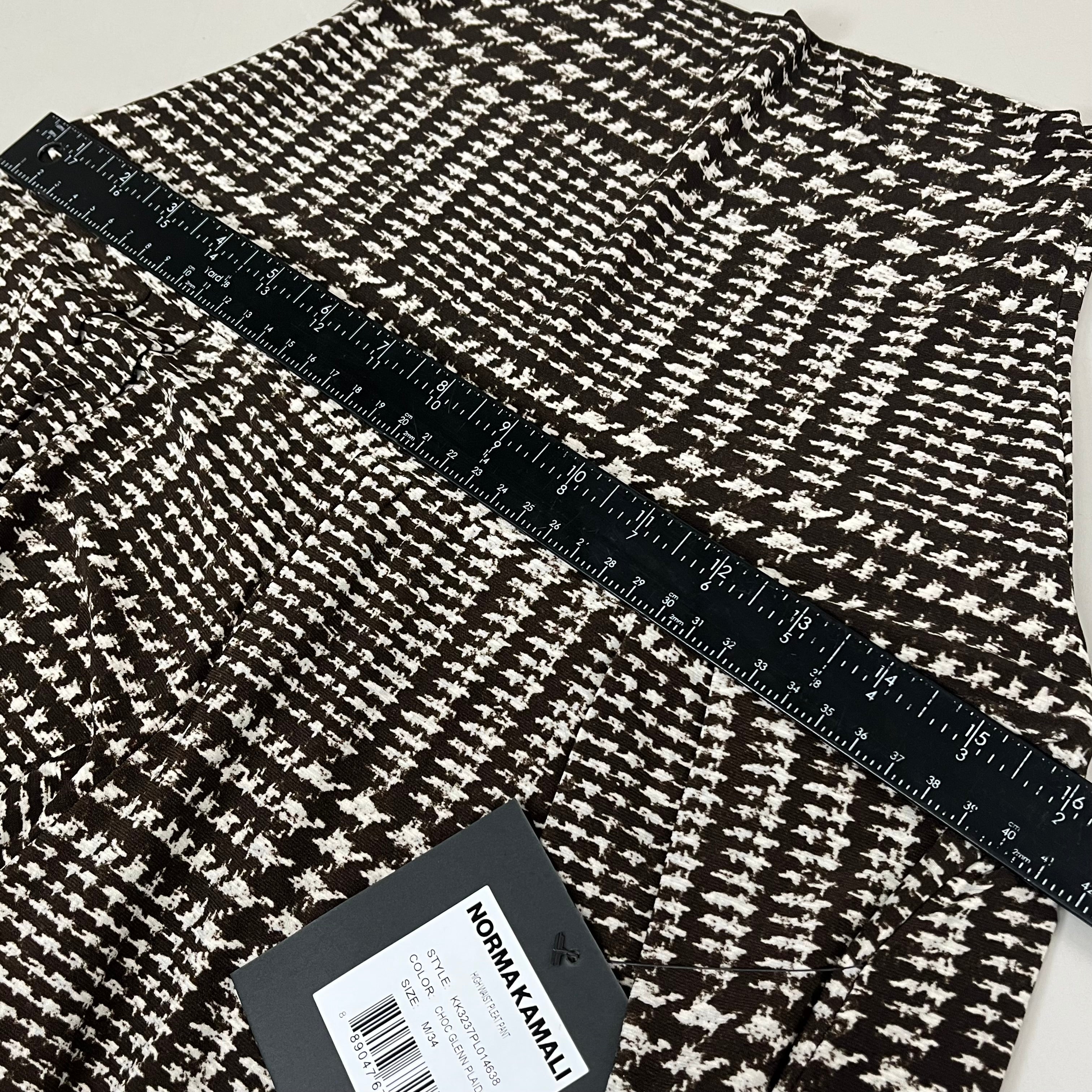 NORMA KAMALI High Waist Pleat Pant Women's Sz M/34 Chocolate Glenn Plaid Tweed