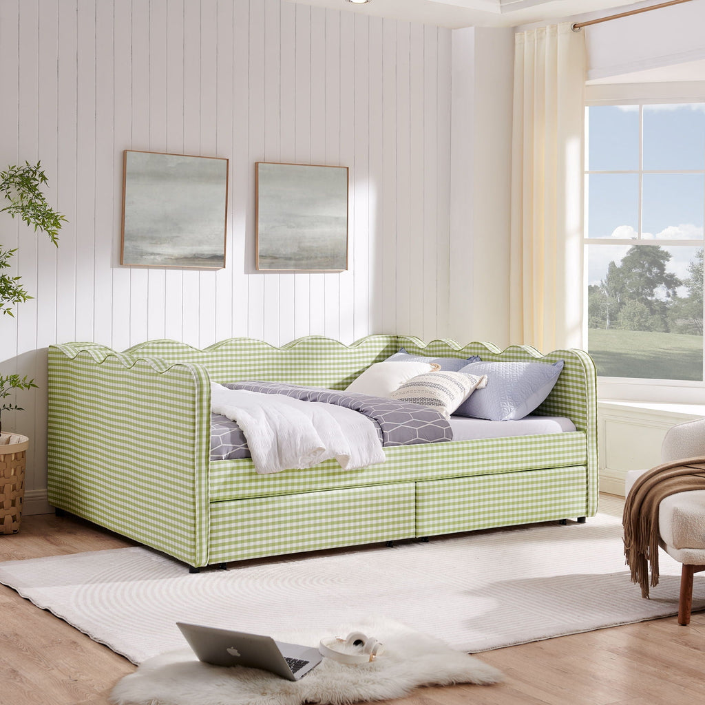 Gingham Daybed With USB Charging Port, Wave-Shaped Design