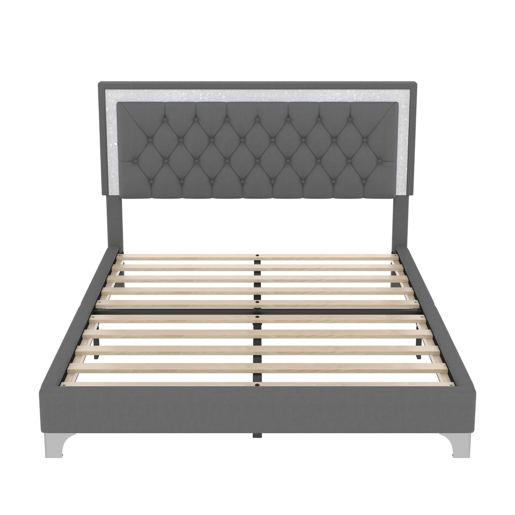 3-Pieces Bedroom Set, Queen Size Upholstered Platform Bed with LED Lights and Two Nightstands - Gray