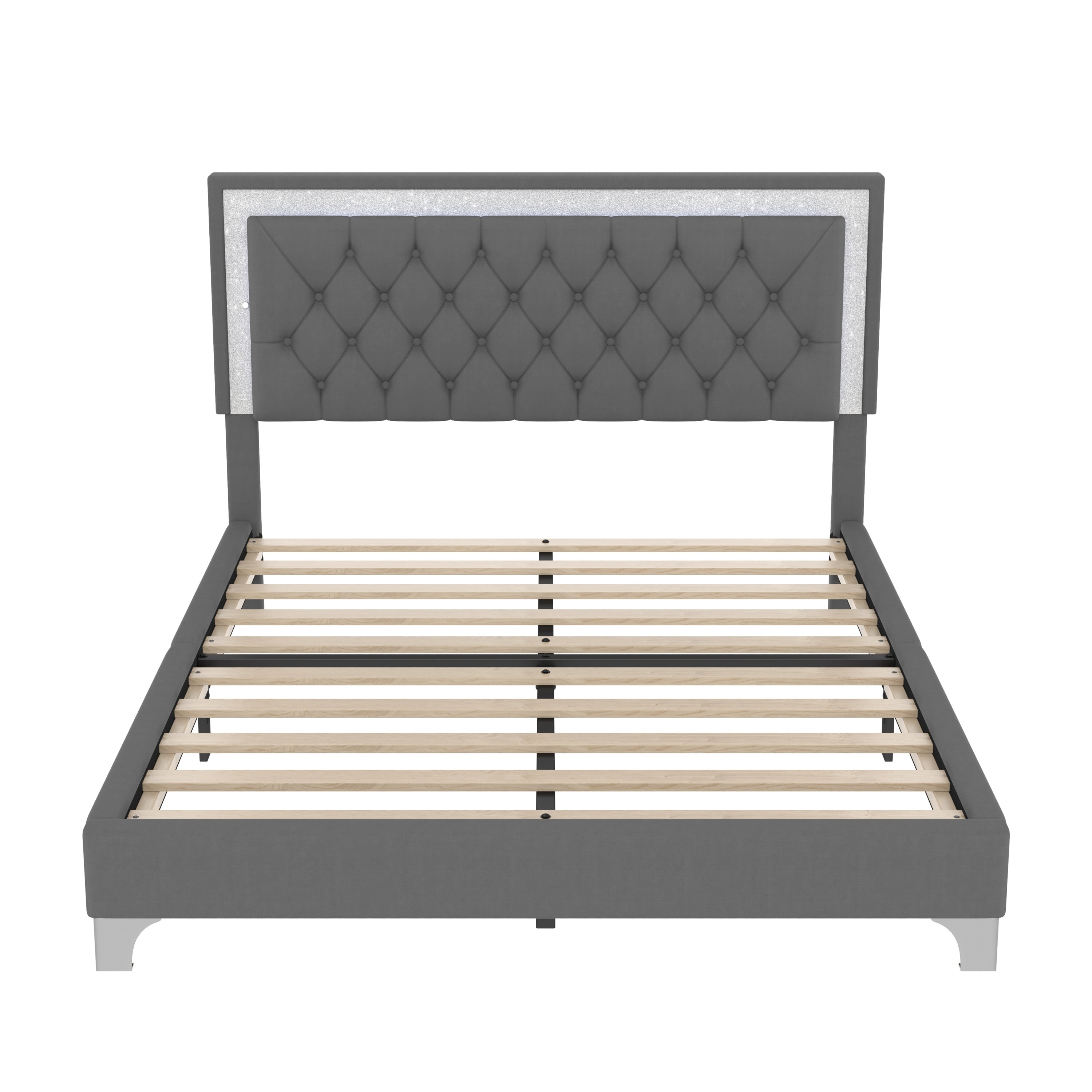 3-Pieces Bedroom Set, Queen Size Upholstered Platform Bed with LED Lights and Two Nightstands - Gray