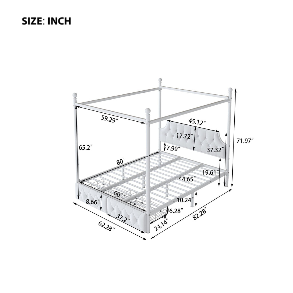 Queen Size Canopy Platform Bed With Upholstered Headboard And 2 Storage Drawers - White