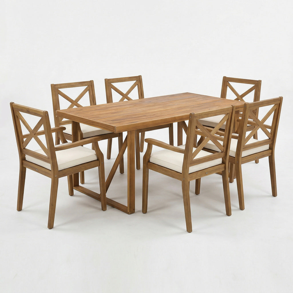 7 Pieces Acacia Wood Outdoor Dining Set with Cream Cushions