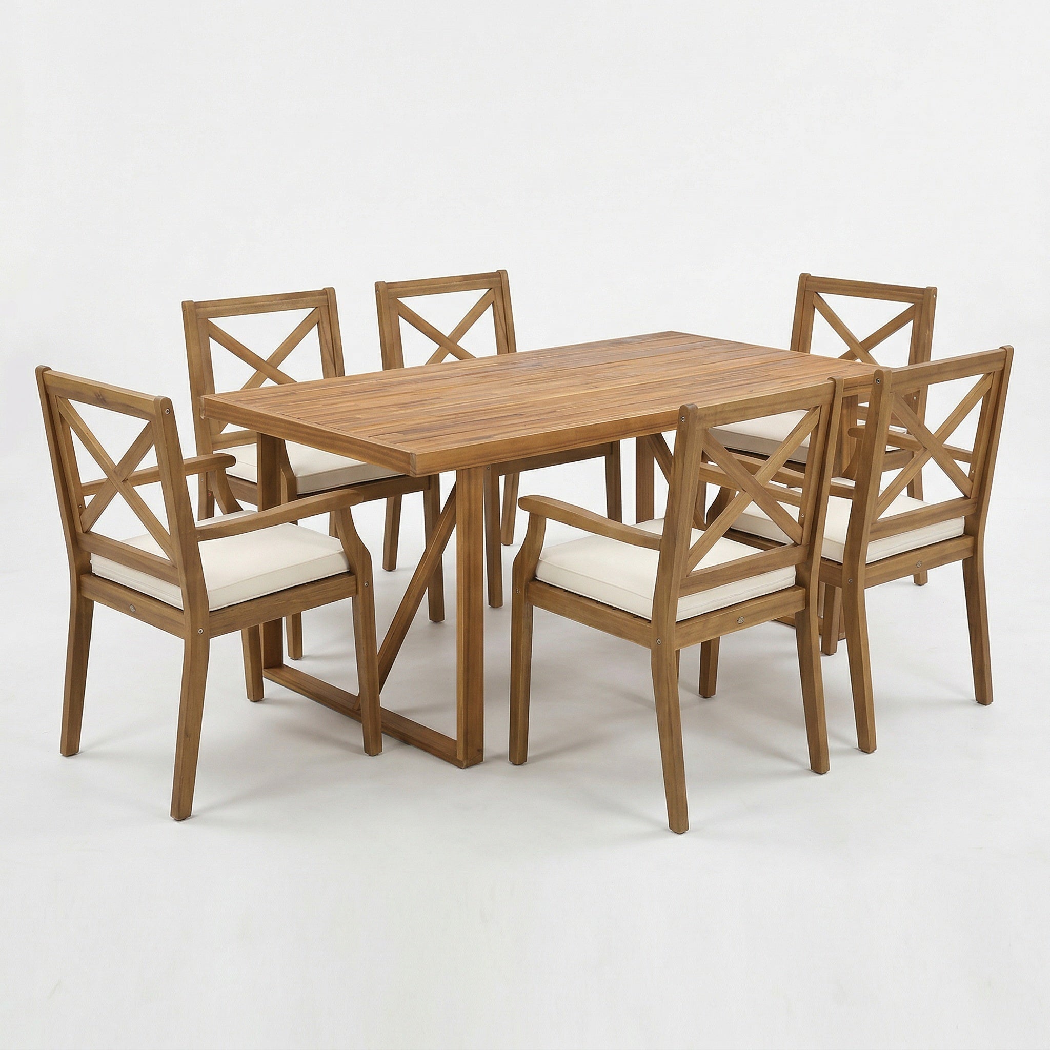 7 Pieces Acacia Wood Outdoor Dining Set with Cream Cushions