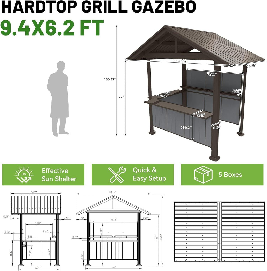 9.4x6.2 FT Hardtop Grill Gazebo with Storage Shelves & Resin Shade System