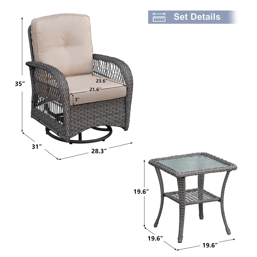 3 Pieces Conversation Set, Outdoor Wicker Rocker Swivel Patio Bistro Set, Rocking Chair with Glass Top Side Table, Grey