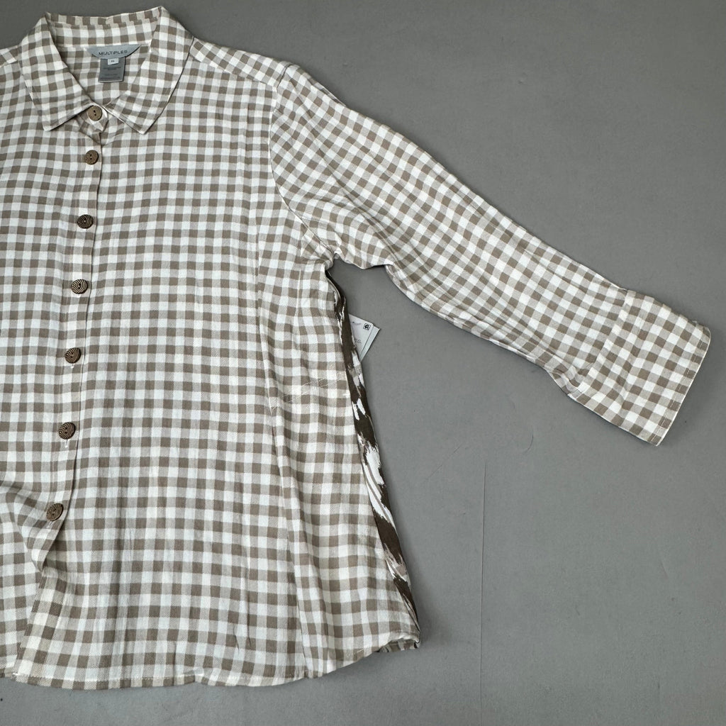 MULTIPLES Button-Up Plaid Shirt w/Cuff Petite Women's Sz PXL Brown/Cream M44506BP