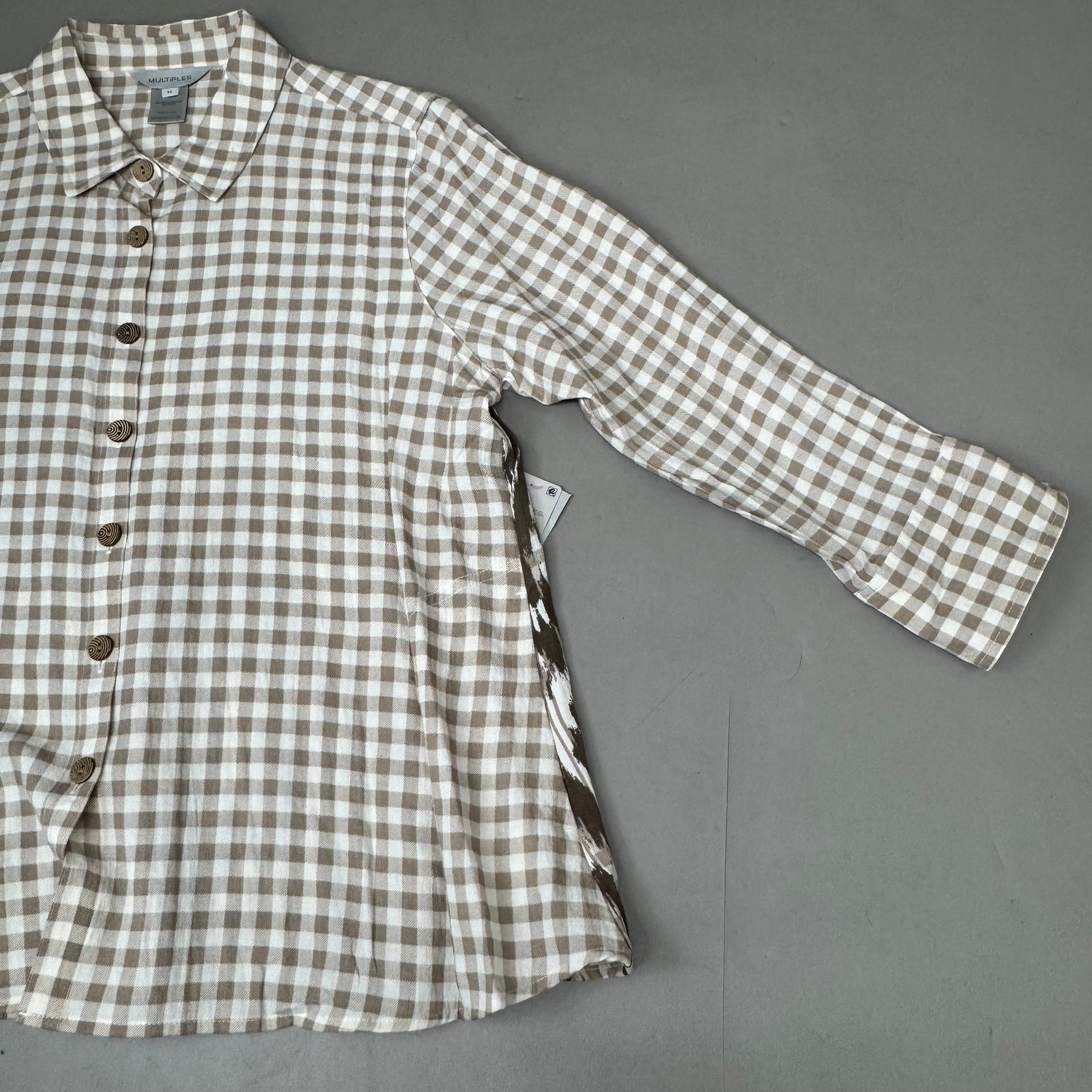 MULTIPLES Button-Up Plaid Shirt w/Cuff Petite Women's Sz PXL Brown/Cream M44506BP