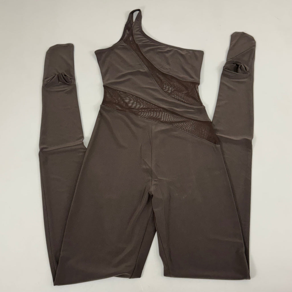 NORMA KAMALI One Shoulder Snake Mesh Catsuit Footsie Women's Sz S/36 Chocolate