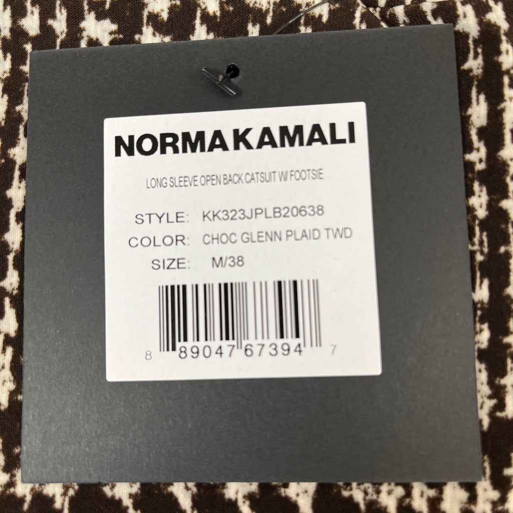 NORMA KAMALI Sleeve Open Back Catsuit Footsie Women's Sz M/38 Chocolate Plaid