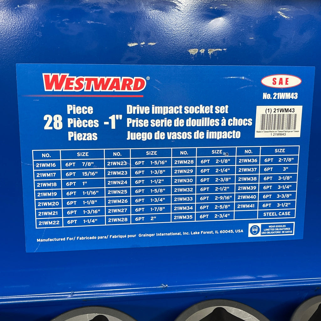 WESTWARD Impact Socket Set 1" Drive, 27 Piece (7/8 to 3-1/2") Black 21WM43