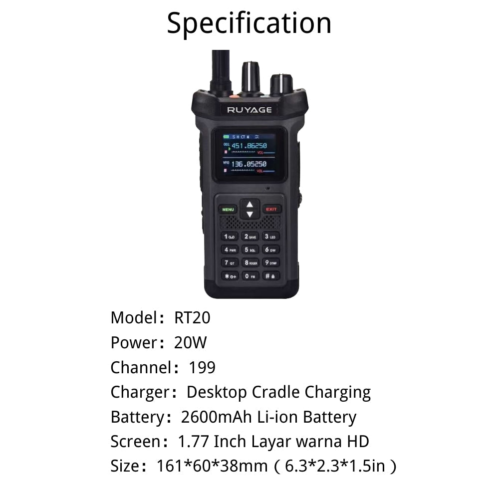RUYAGE RT20 20W Dual Band Two Way Radio VHF UHF Long Range Walkie Talkie with 4000mAh Battery