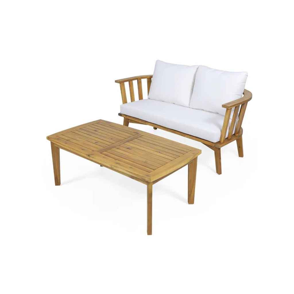 2-Person Outdoor Acacia Wood Patio Seating Group with Cushions and Coffee Table