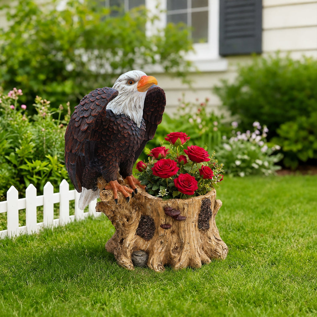 Majestic Eagle Garden Planter Pot on Tree Stump Base