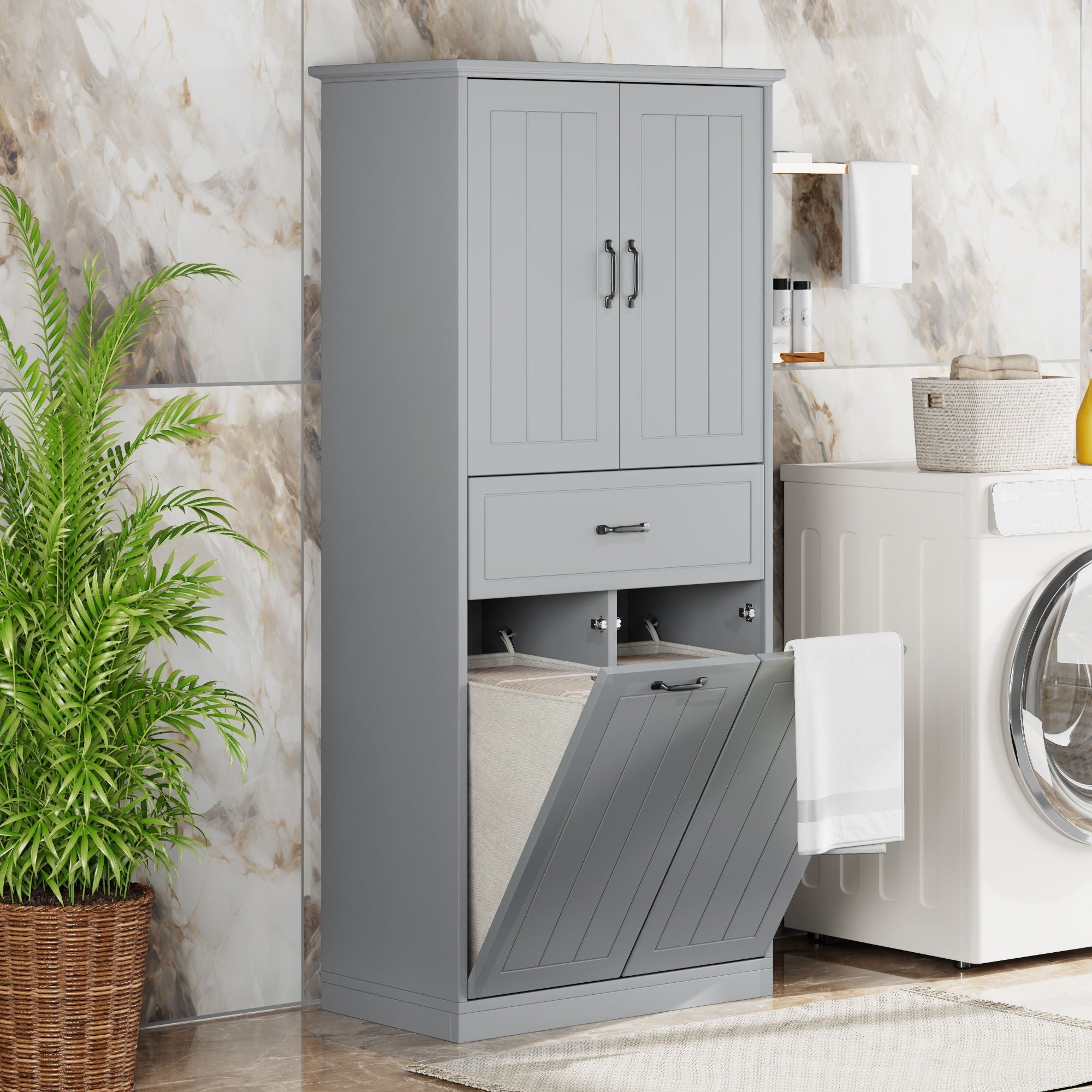 Modern Bathroom Storage Cabinet with Two Laundry Baskets, One Drawer, Adjustable Shelf