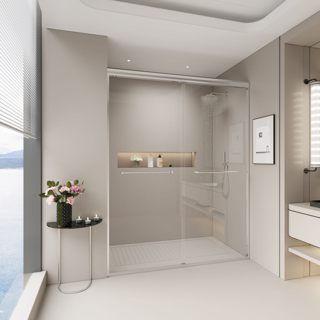 Double Sliding Shower Door, Semi-Frameless Bypass Bathroom Sliding Door With 1/4" (6 Mm) Tempered Glass For Walk-In Shower