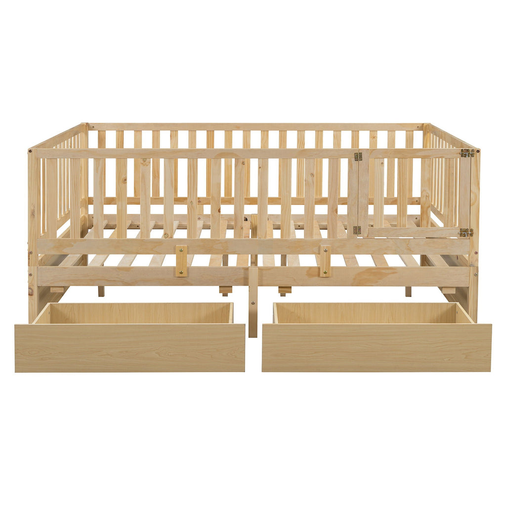 Daybed With Fence Guardrails And 2 Drawers, Split Into Independent Floor Bed & Daybed