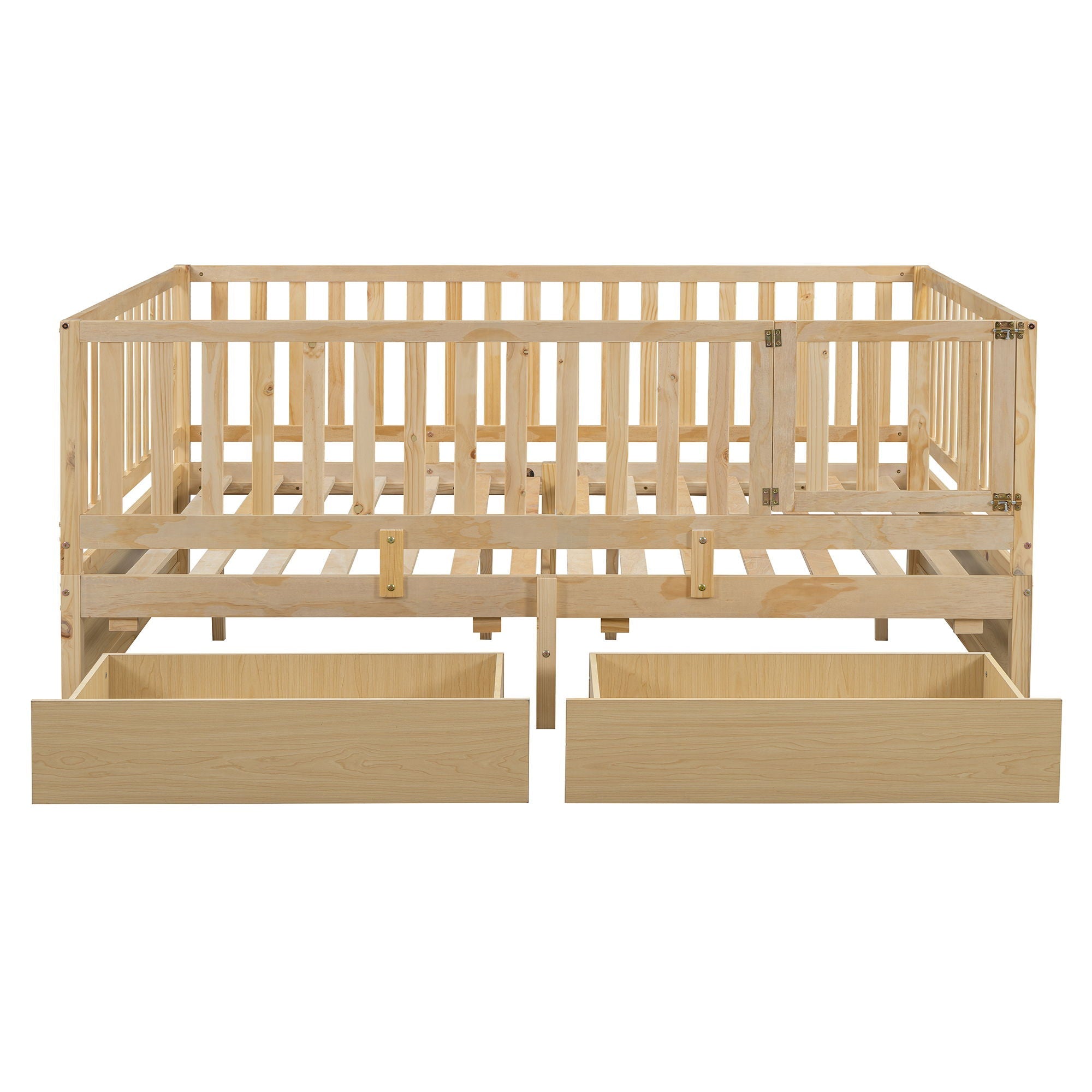 Daybed With Fence Guardrails And 2 Drawers, Split Into Independent Floor Bed & Daybed