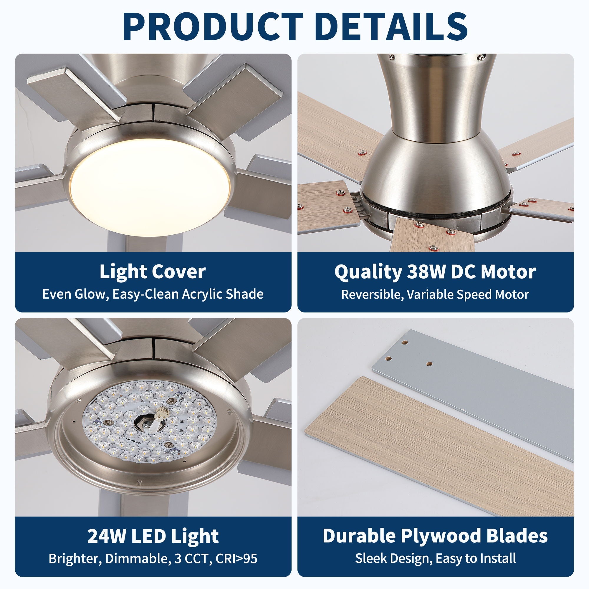 Low Profile Flush Mount Intergrated LED Ceiling Fan With Light And Reversible Quiet Motor