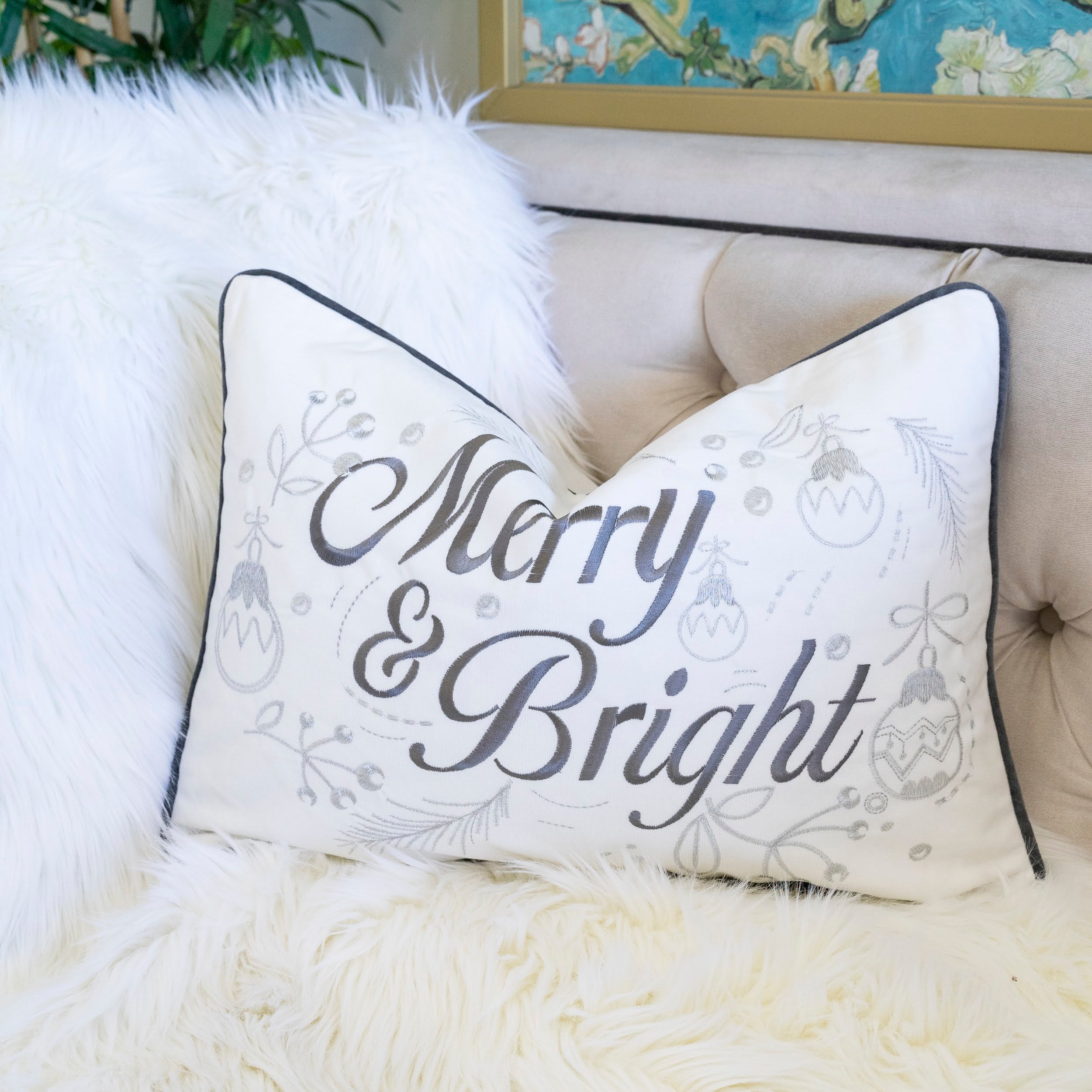 Merry & Bright Christmas Throw Pillow – 14x20 Velvet Lumbar Cushion