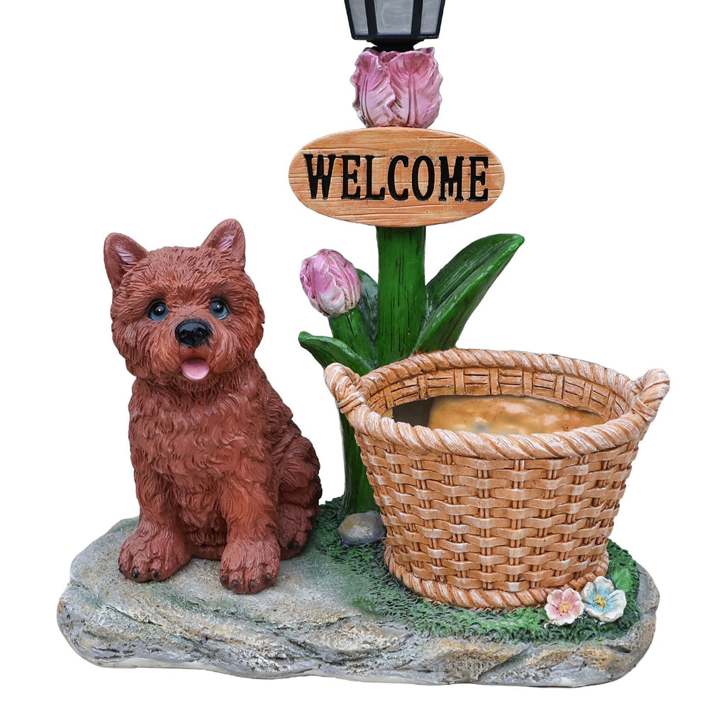 Sitting Puppy Solar Planter Outdoor Statue