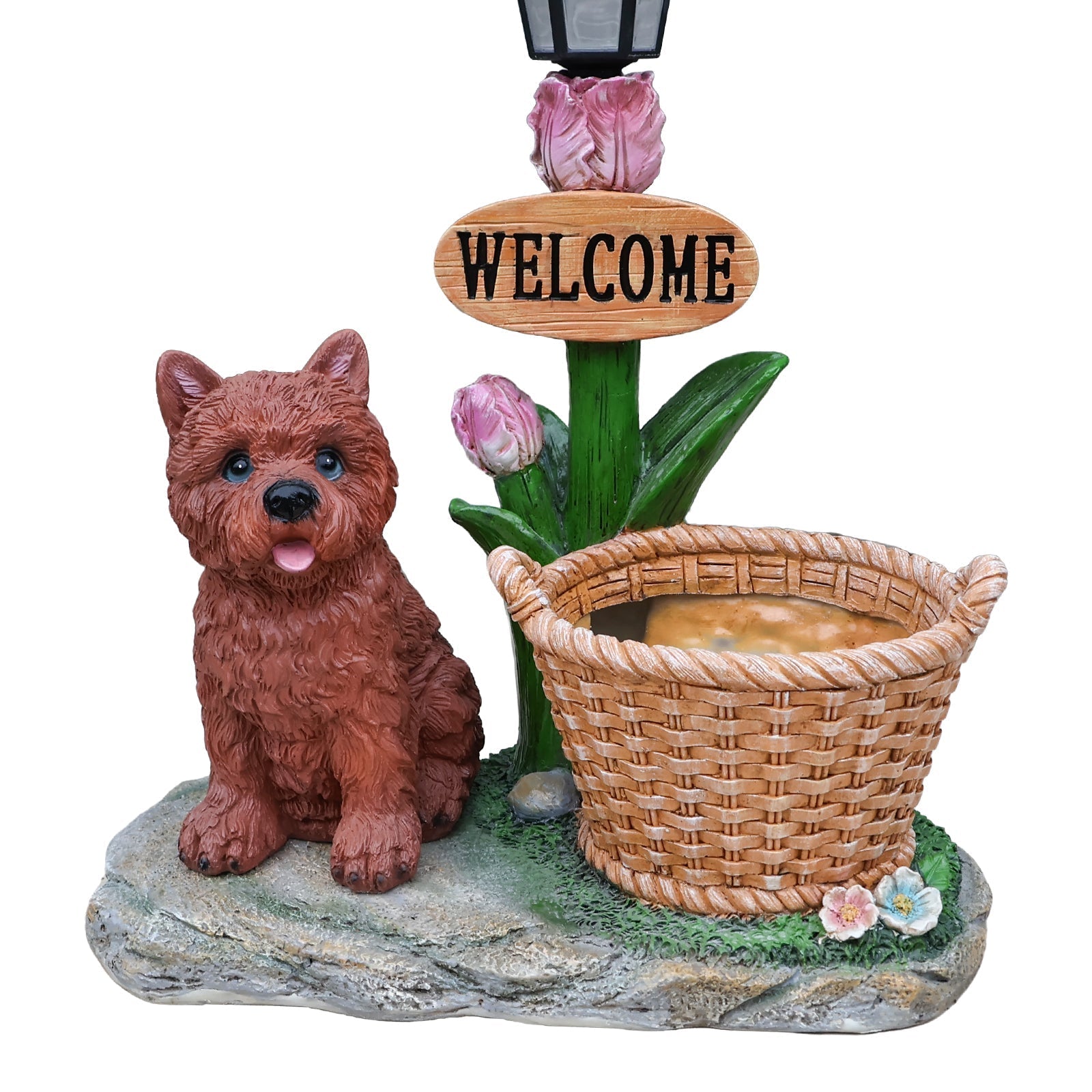 Sitting Puppy Solar Planter Outdoor Statue