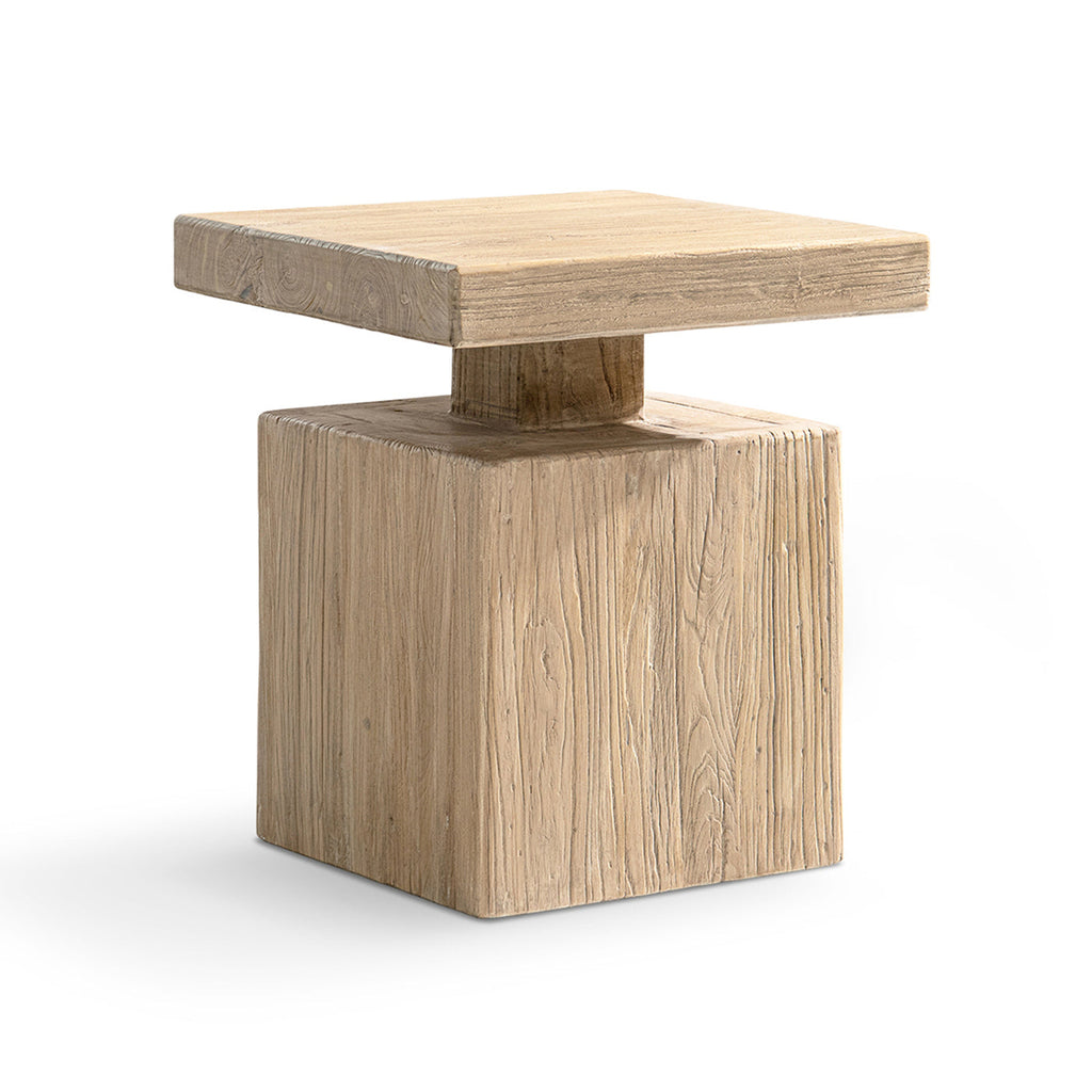 Calder 18' Solid Square Reclaimed Elm Block Plinth Side Table, Heritage Light Natural Brown