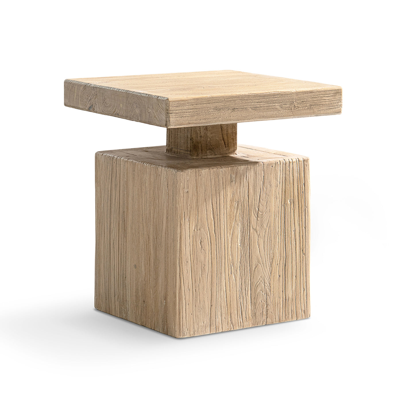 Calder 18' Solid Square Reclaimed Elm Block Plinth Side Table, Heritage Light Natural Brown