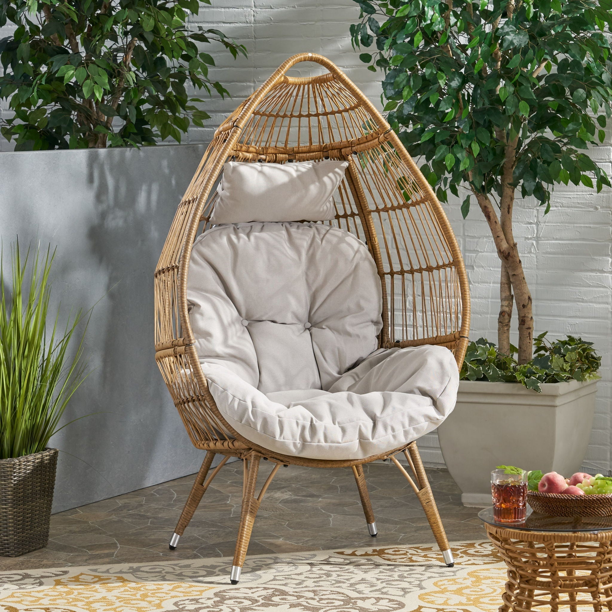 Basket Chair with Teardrop Shape and Water-Resistant Cushion - Natural