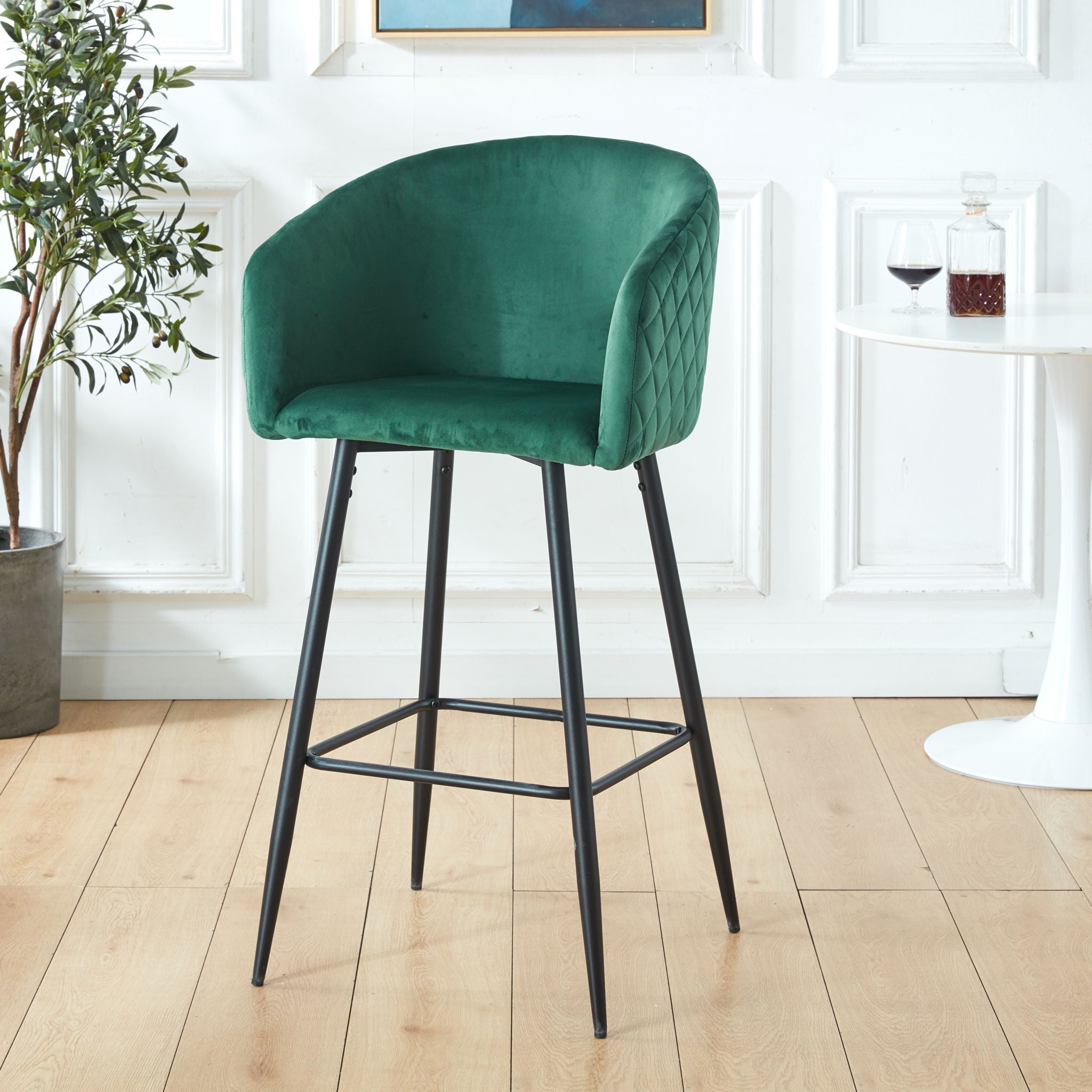 Counter Height Bar Stool, Metal Legs, Velvet Upholstered For Pub, Restaurant, Kitchen Island (Set of 2) - Black / Green