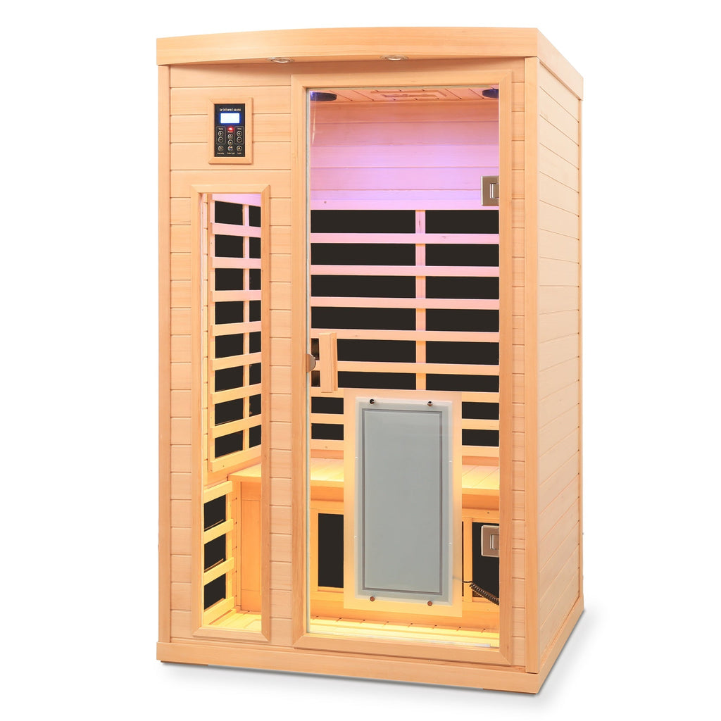 Low EMF, There is also a heating plate on the glass door, Hemlock wood Far-infrared indoor Two person sauna room
