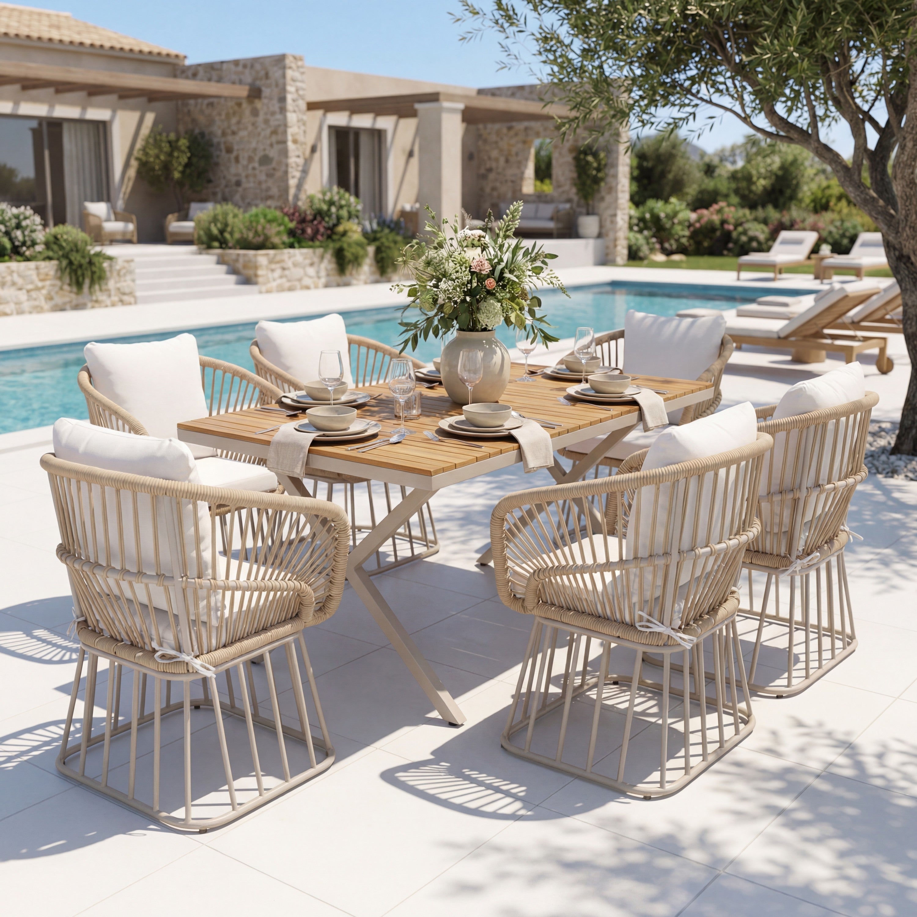 Outdoor 7-Piece Dining Set - Rectangular Teak Wood Table + 6 Wicker Chairs with Cushions
