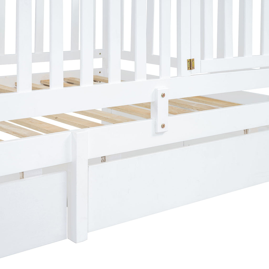 Daybed With Fence Guardrails And 2 Drawers, Split Into Independent Floor Bed & Daybed