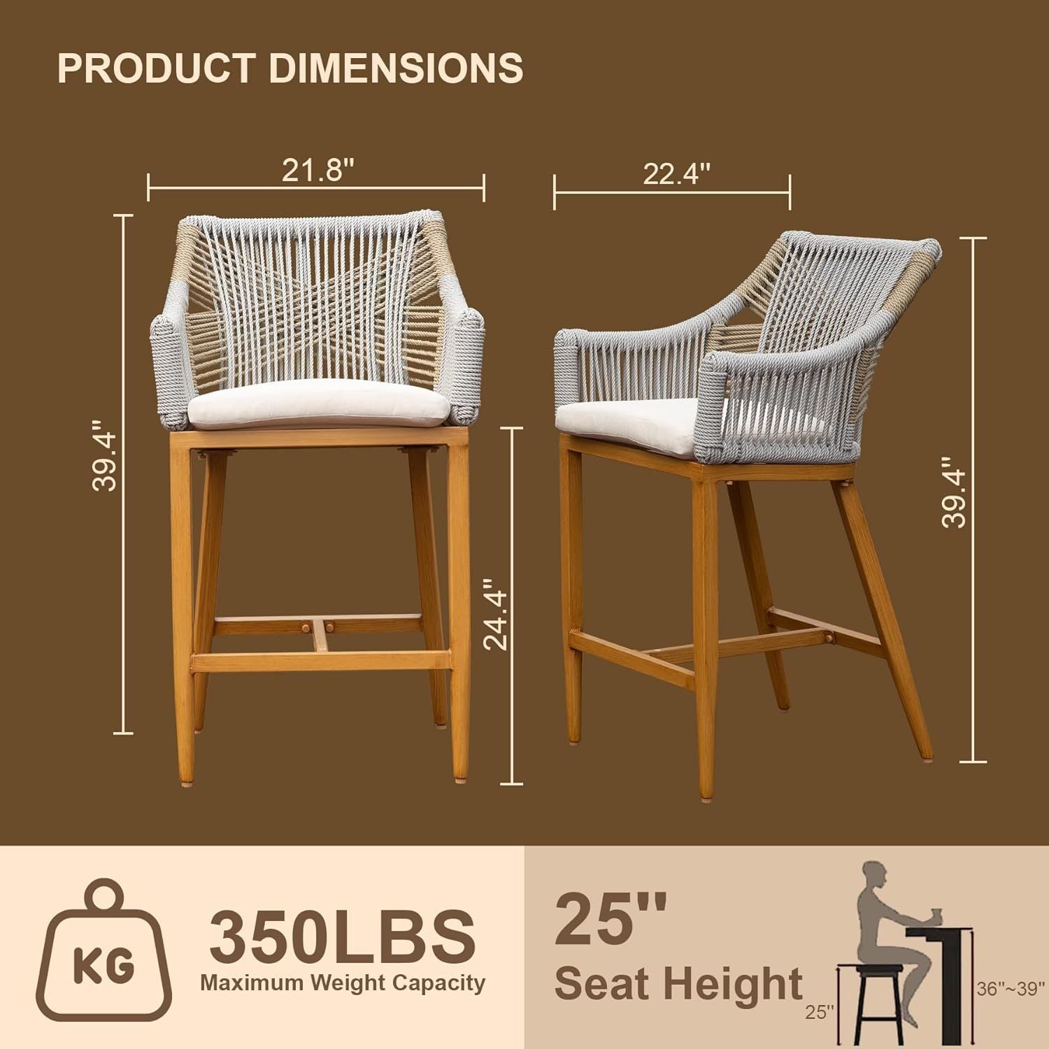 Outdoor Bar Stools Set of 2 with Arm and Backrest