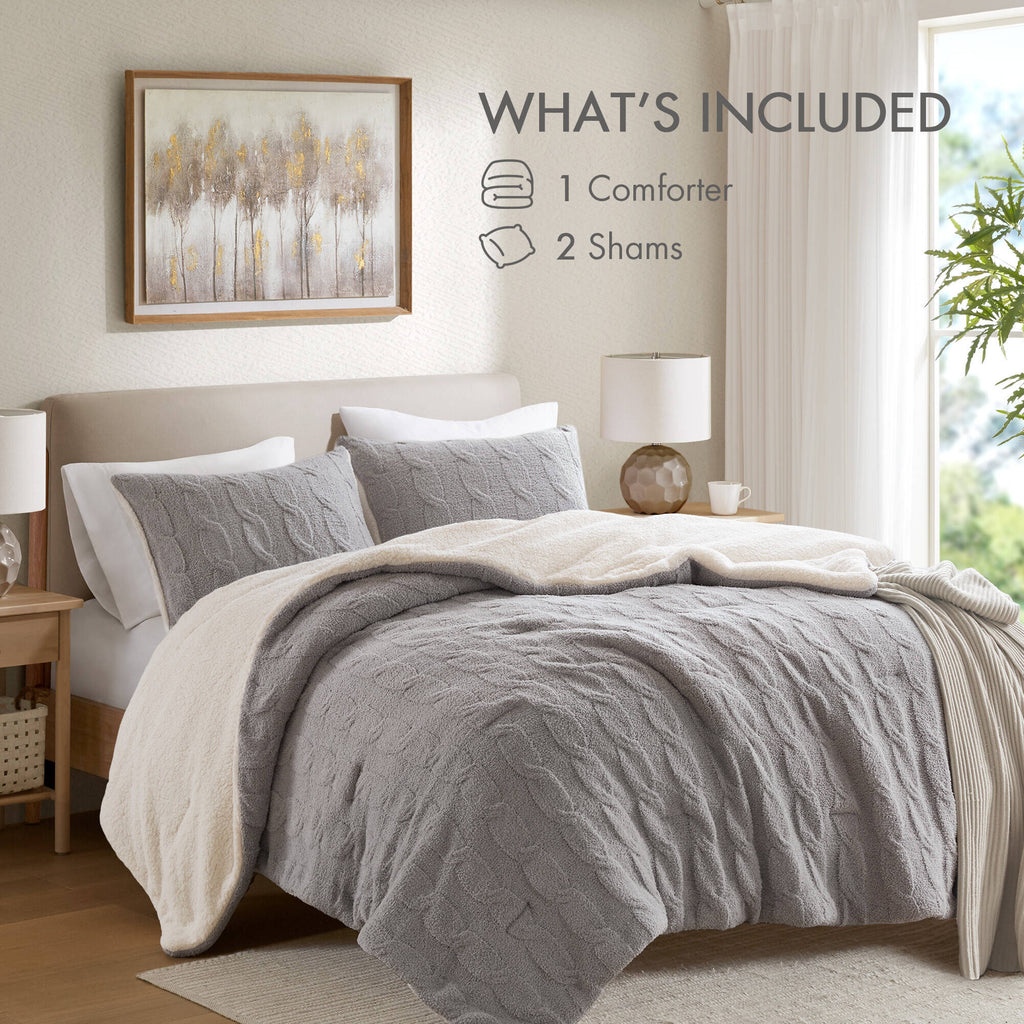 3 Pieces Full/Queen Cable Knit Chenille Comforter Set Gray