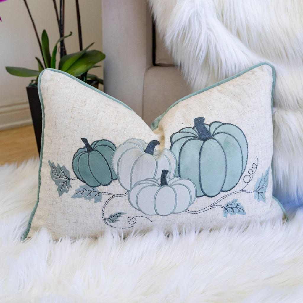 Pastel Harvest Lumbar Pillow – Misty Blue Fall Accent Cushion