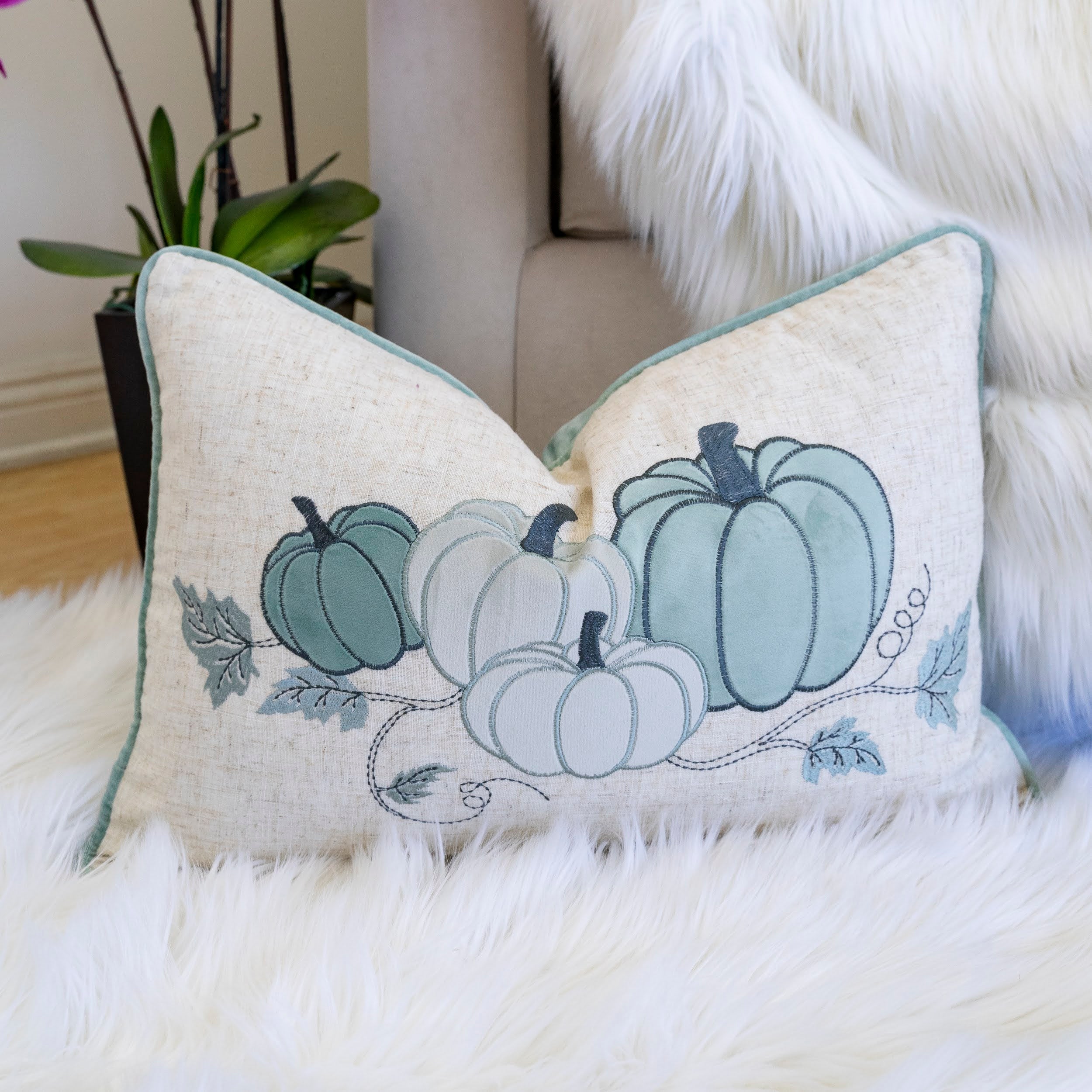 Pastel Harvest Lumbar Pillow – Misty Blue Fall Accent Cushion