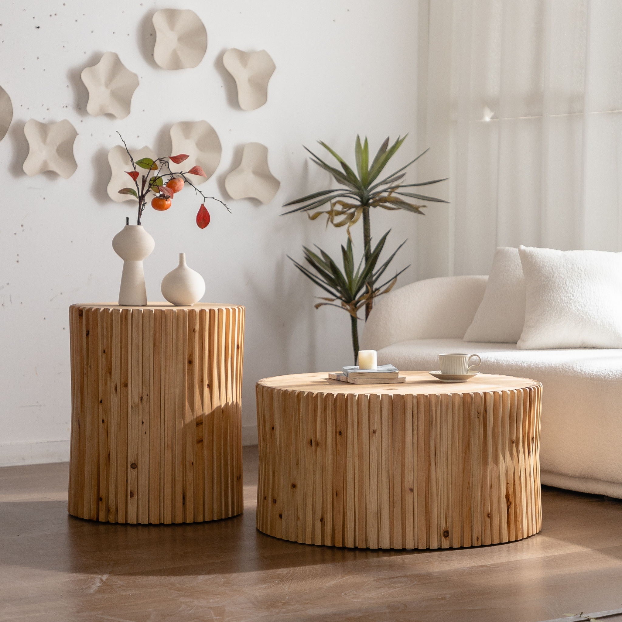 Cylindrical Coffee Table With Vertical Texture Relief For Living Room (Set of 2) - Natural