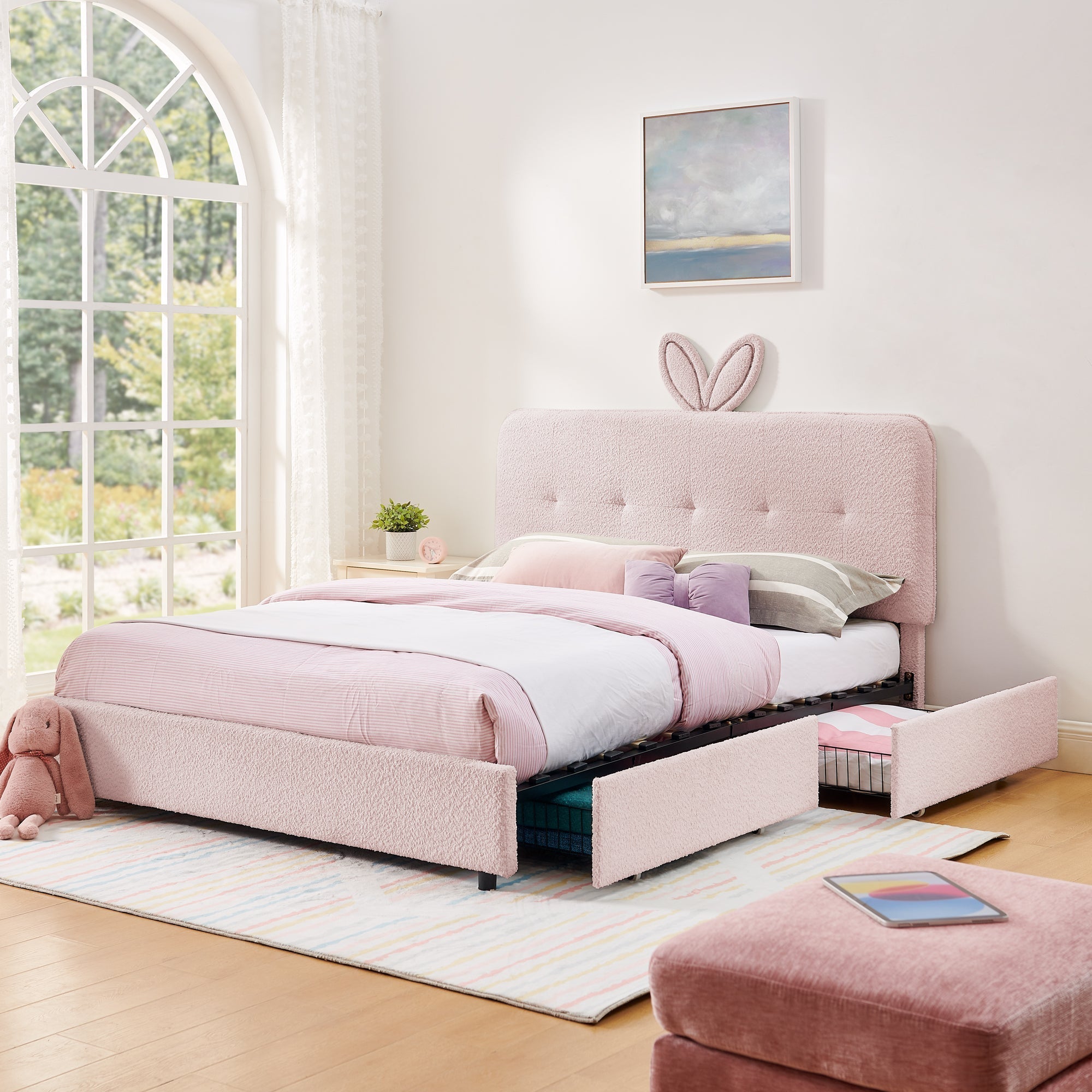 Queen Size Kids Upholstered Bed with Rabbit Ear Headboard & Storage