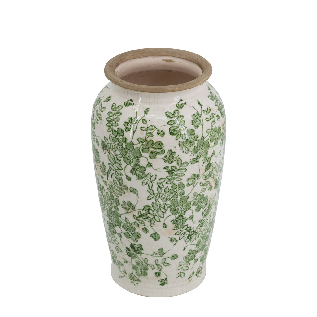 6.5x6.5x11.6 White Ceramic Flower Vase with Green Floral Pattern