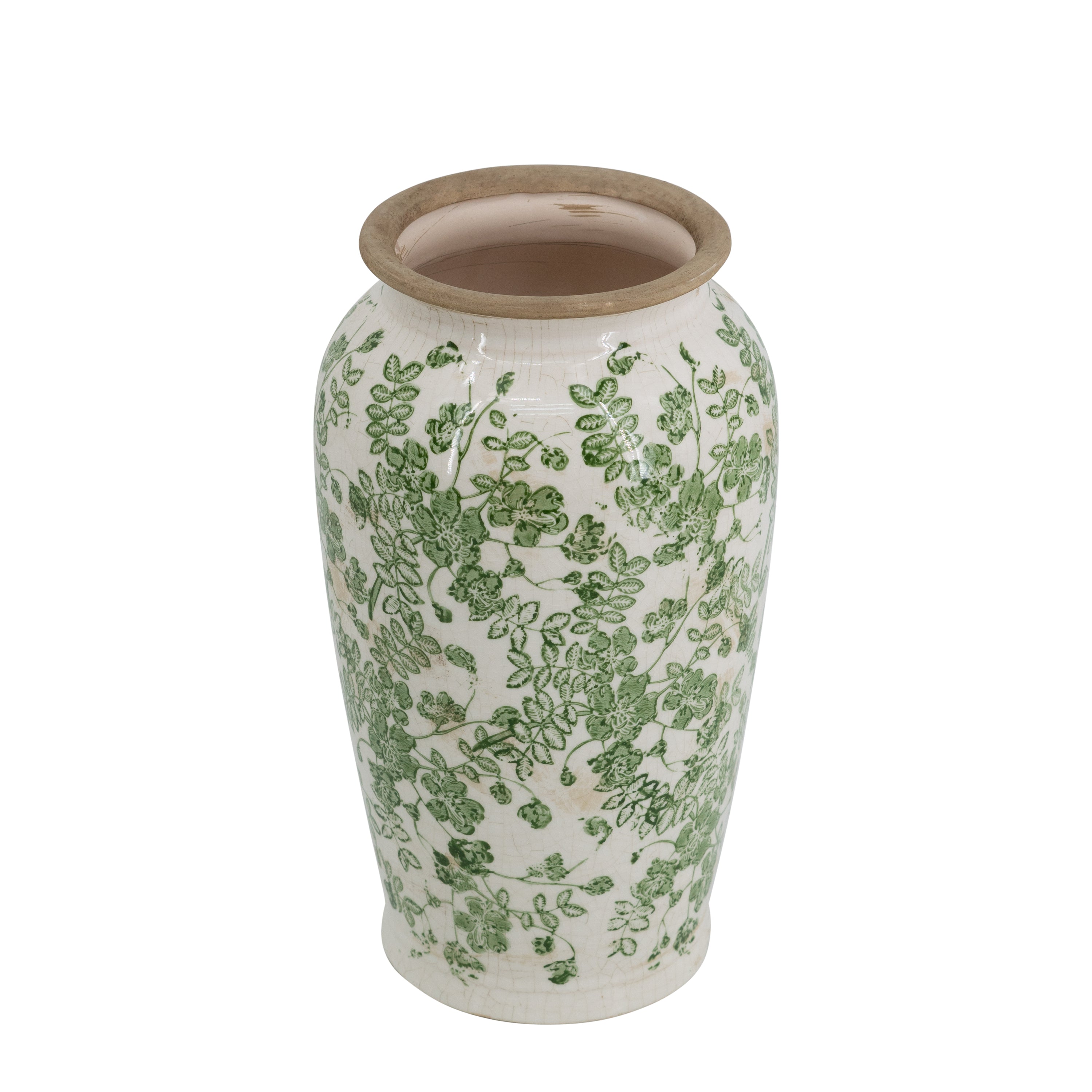 6.5x6.5x11.6 White Ceramic Flower Vase with Green Floral Pattern