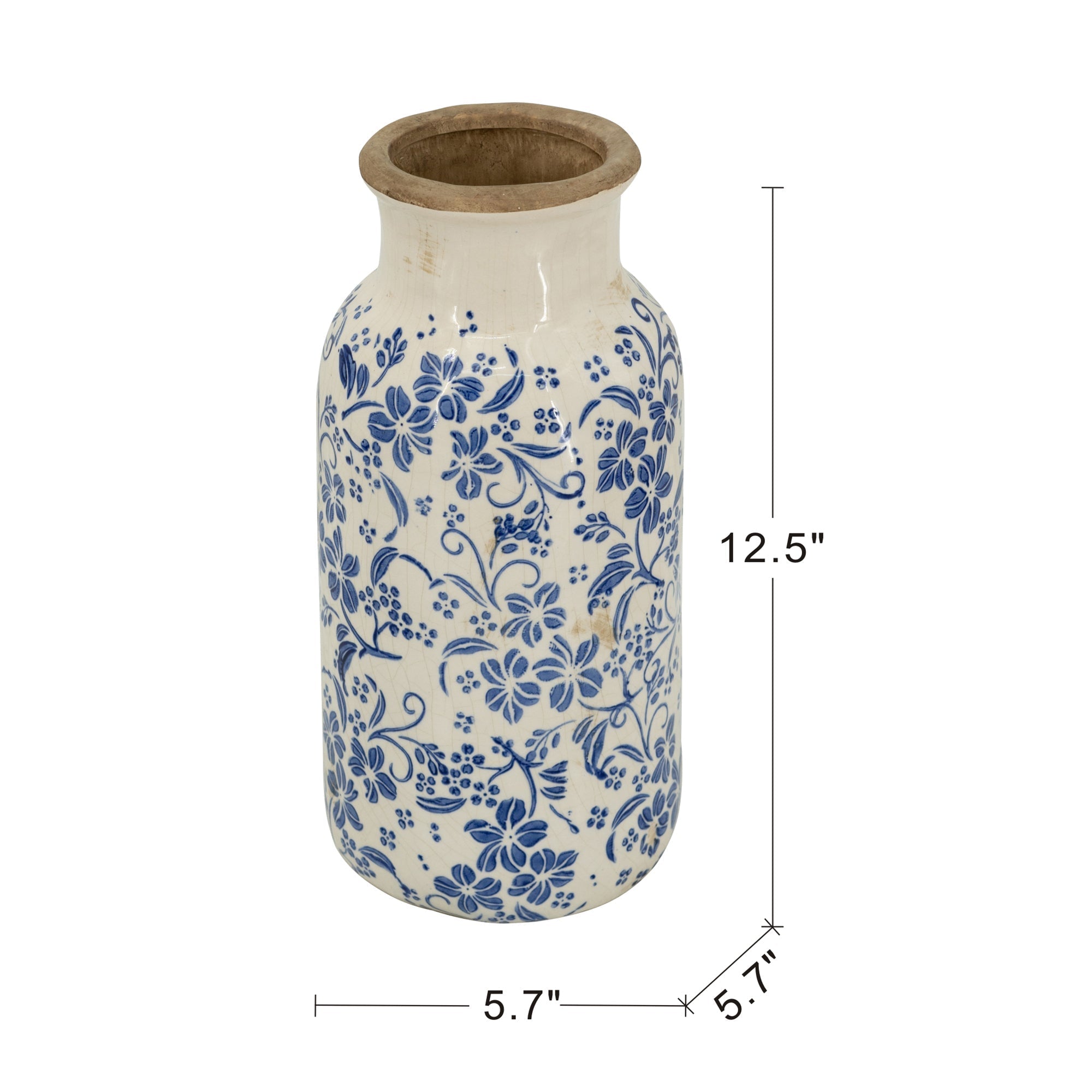 D5.7x12.5' Blue and White Ceramic Accent Vase with Traditional Floral Motifs