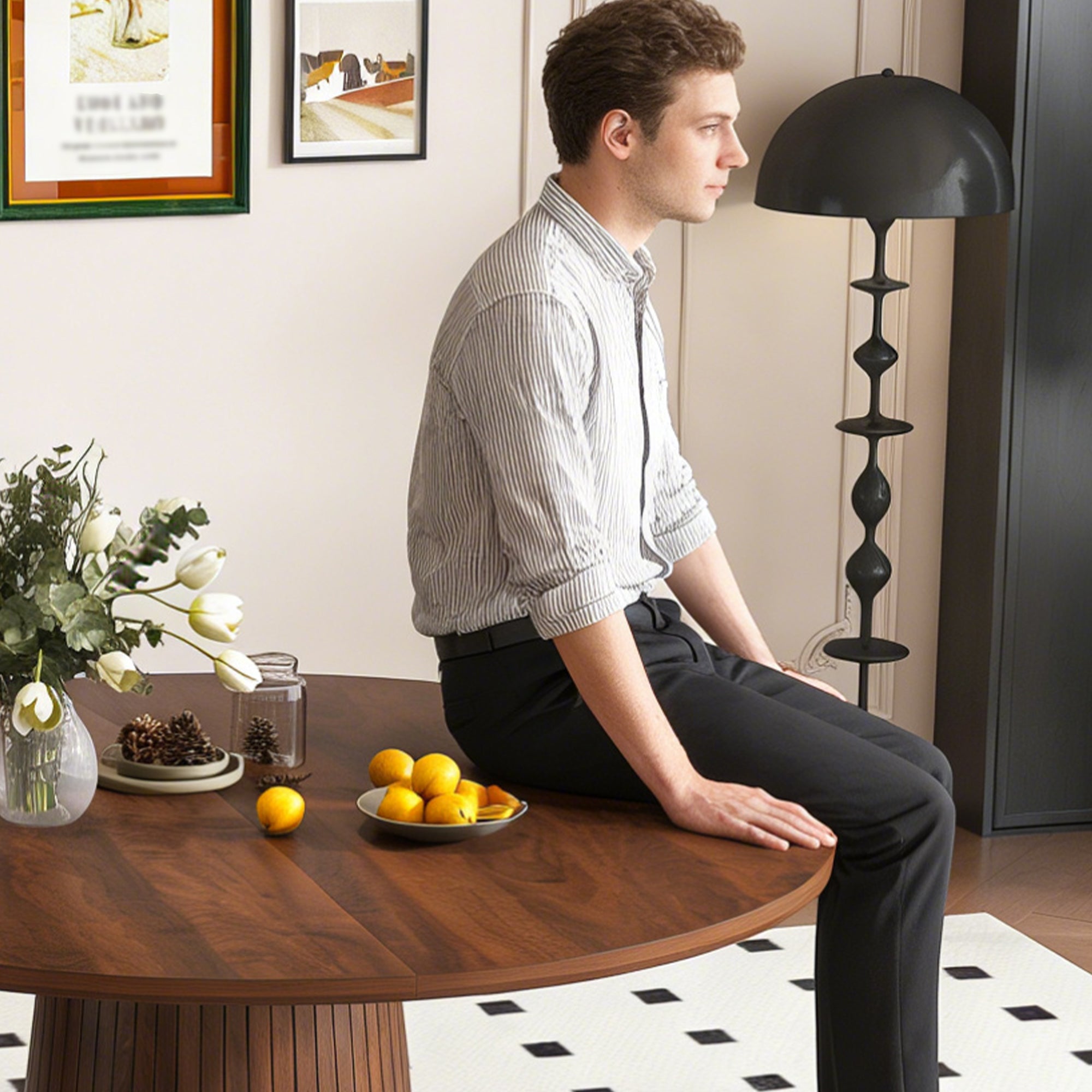 47 Inch Round MDF Dining Table for 4, Modern Farmhouse Style