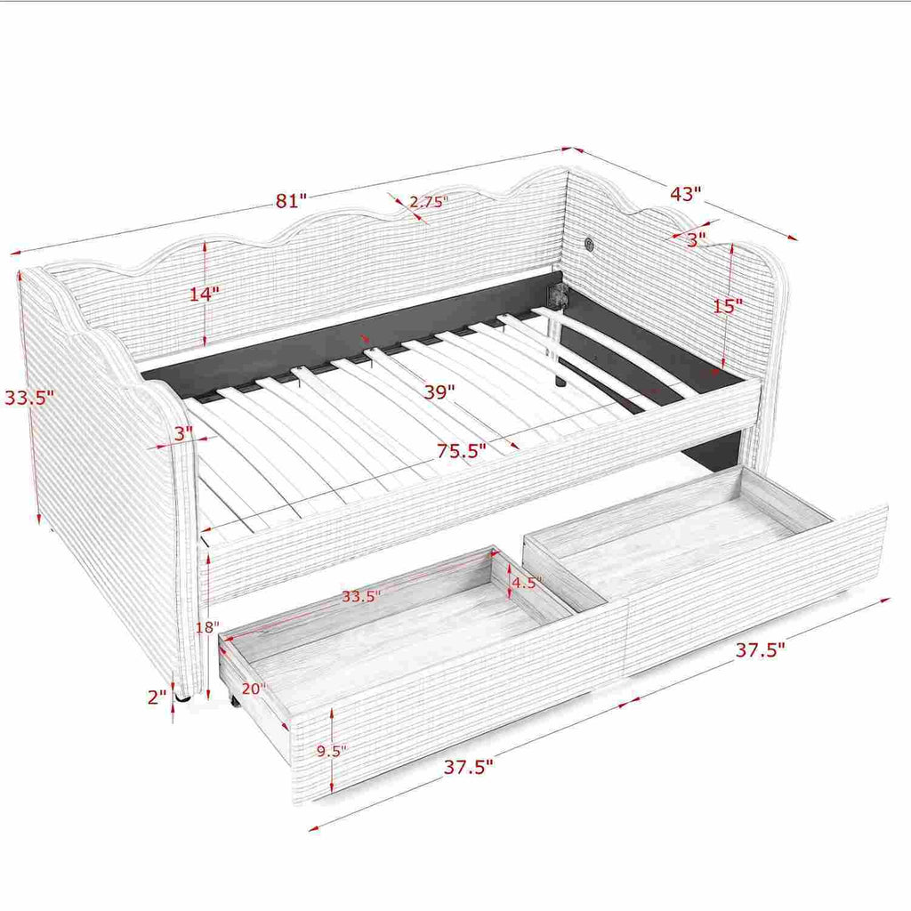 Gingham Daybed With USB Charging Port, Wave-Shaped Design
