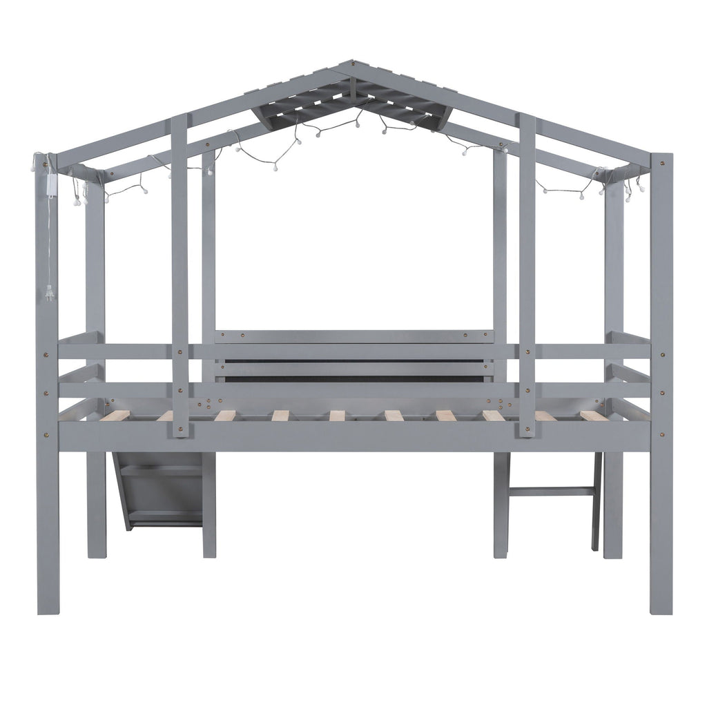 Loft House Bed With Ladder And Slide, With board And Light Strip On The Roof