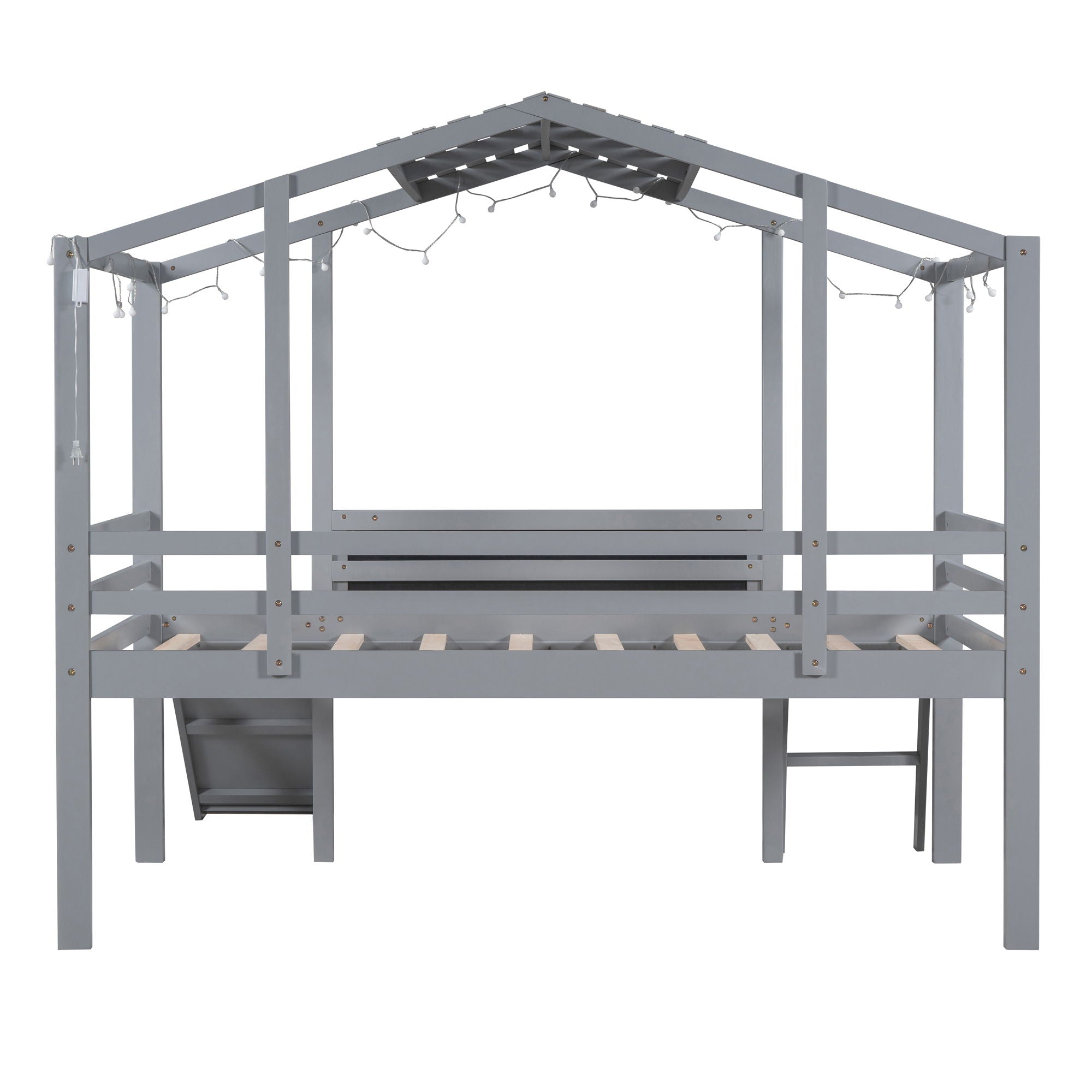 Loft House Bed With Ladder And Slide, With board And Light Strip On The Roof