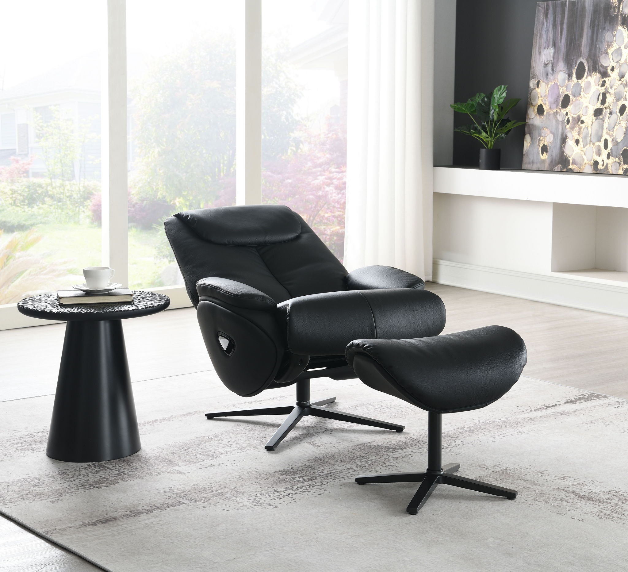 Labotina Top Grain Leather Accent Chair With Swivel & Ottoman - Black