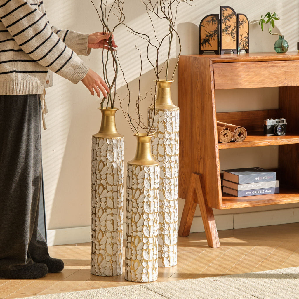 Floor Vases Large Decorative Set of 3 - Antique White & Gold