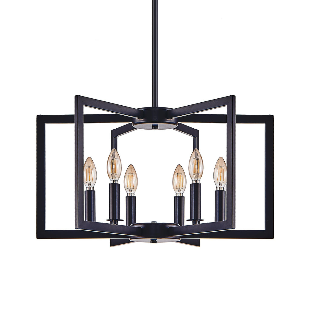22' Modern Black Geometric 6-Light Chandelier – Industrial Metal Pendant Light Fixture for Living Room, Dining Room, or Kitchen (Bulb Not Included)